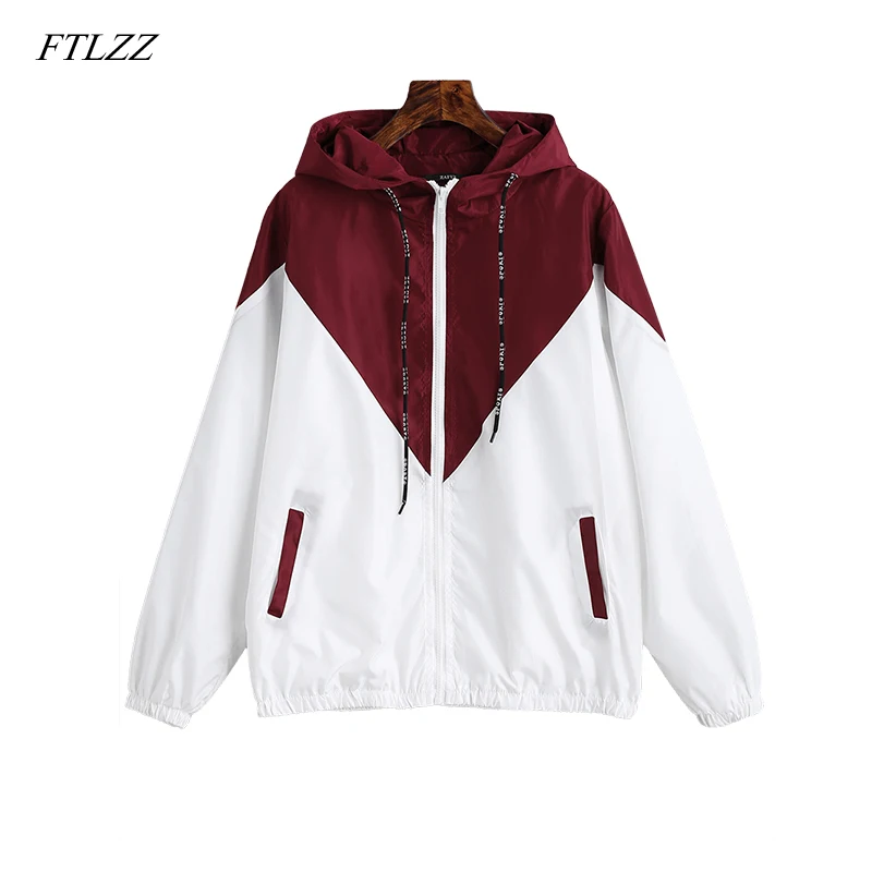 

FTLZZ Women Hooded Two Tone Windbreaker Jacket 2018 New Long Sleeves Zipper Pockets Casual Female Ultra Thin Coats Outwear