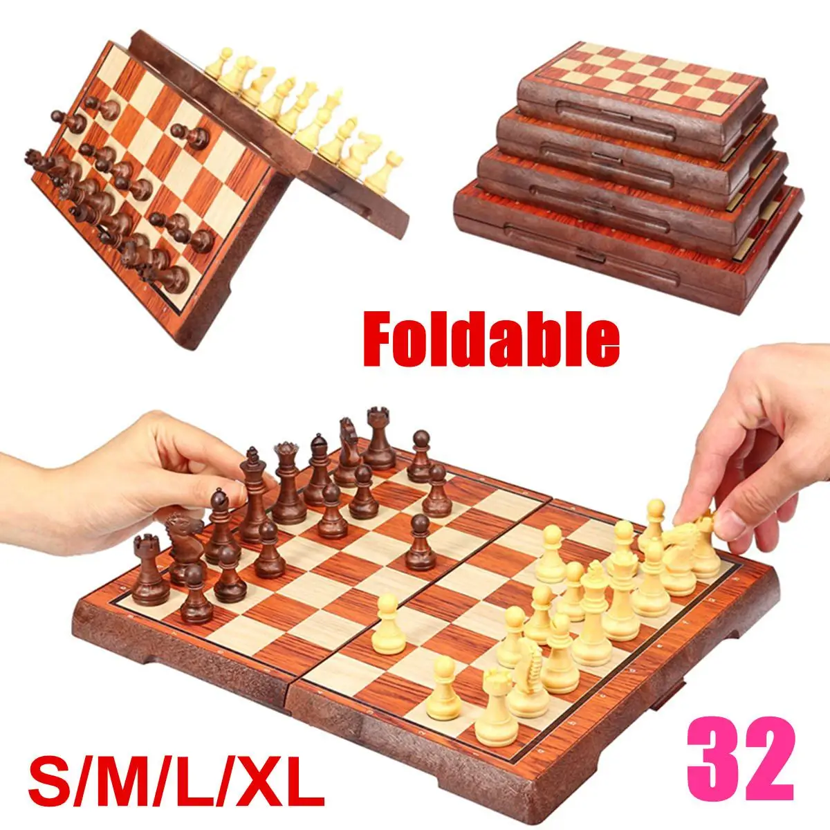 

4 Size Wooden Chess Game Pieces Folding Magnetic Foldable Board Contemporary Set Fun Family Board Games Gifts With Storage Bag