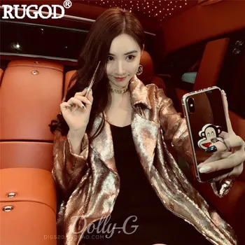 

RUGOD Fashion European Style Golden Jacket Elegant Sequiend Long Coat Turn-down Collar Long Sleeve Coat mode femme