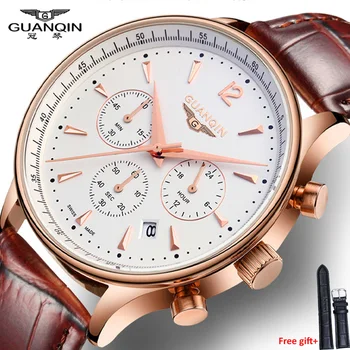 Watches Men Luxury Brand GUANQIN Sport Watches Fashion wristwatch Chronograph waterproof 50M Genuine leather Quartz Men watches men watches eyki brand luxury waterproof genuine leather quartz watch classic independent seconds fashion casual watches hodinky