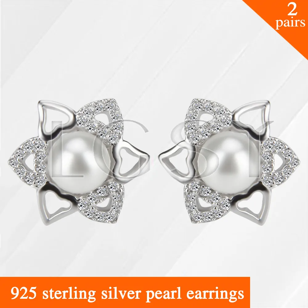 

LGSY 2pairs Latest beautiful Heart shape flower design 925 sterling silver girl jewelry pearl earring