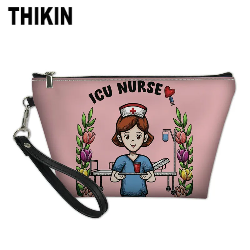 

THIKIN Cute Nurse Printing PU Leather Cosmetic Bag Women Makeup Bag Around Soft Portable Ladies Custom Make Up Bag Wholesale