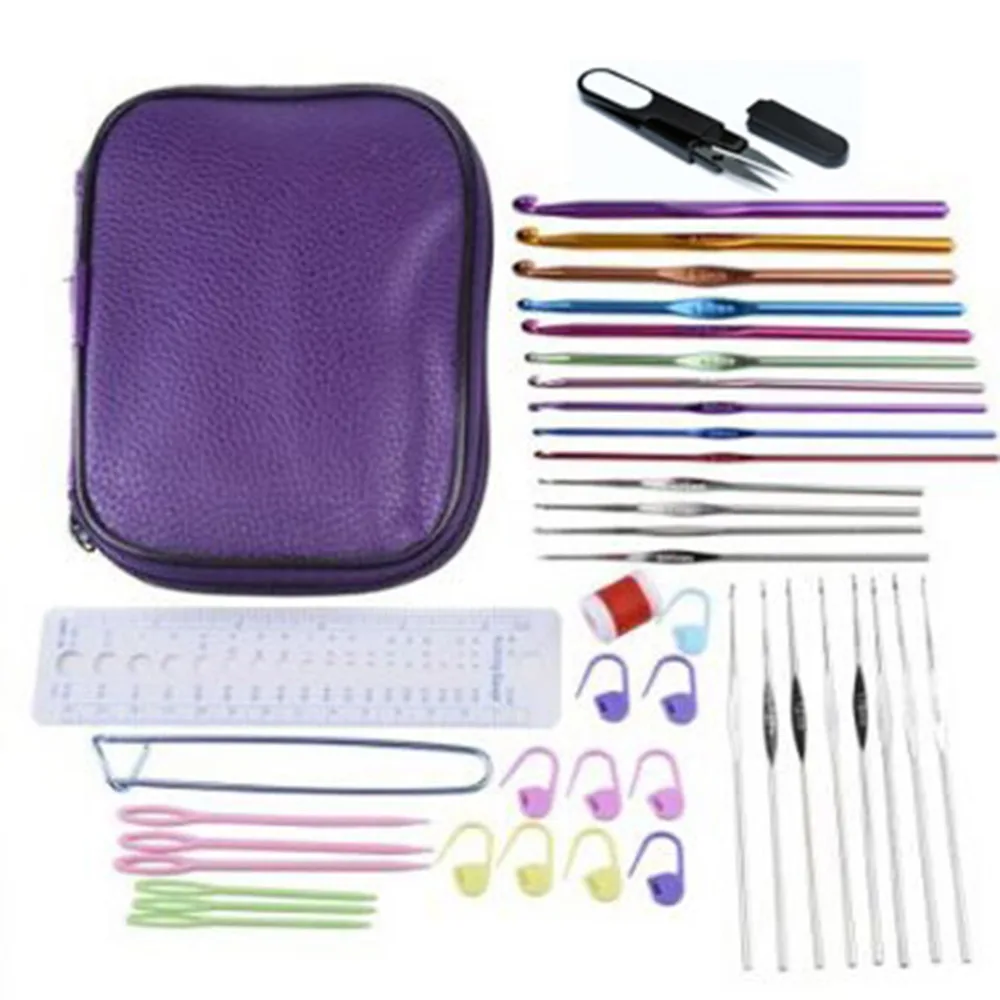 

1 set 2017 New Portable Leather Case 22pcs Crochet Hooks and 20pcs Knitting Accessories Stitches For DIY Craft