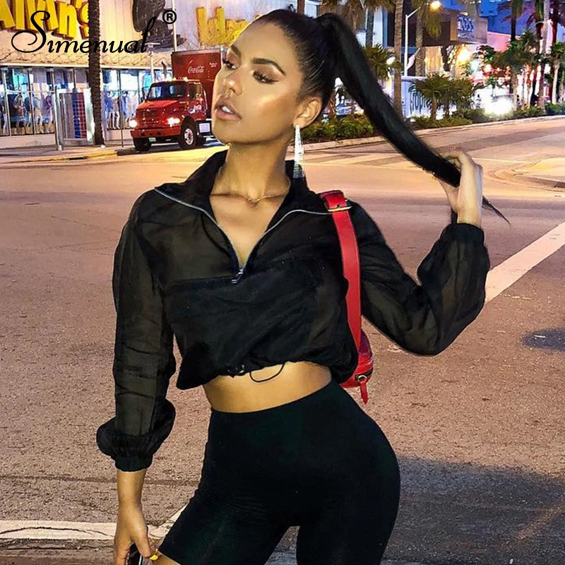 

Simenual Fashion Casual Zipper Women Sweatshirts Long Sleeve Solid Black Drawstring Hoodies Mesh 2019 Autumn Satin Sweatshirt