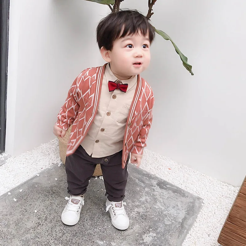 

Boys and Girls Leisure Triple Suit Knitted Chequered Coat Tie Shirt and Trousers Suit Tide