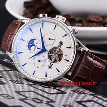 Corgeut 44 мм полированный оправа белый циферблат Луна фаза украшения автоматические мужские часы 1579