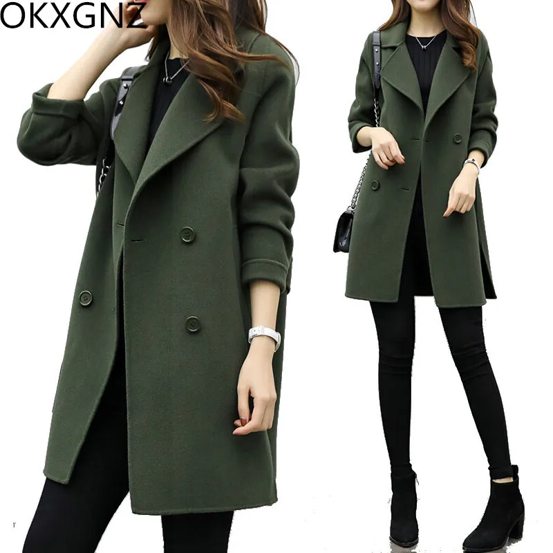 

Women's Winter New Double-breasted Wool Woolen Windbreaker Black Brown Military Green Ladies Woolen Trench Slim Vogue Femal Coat