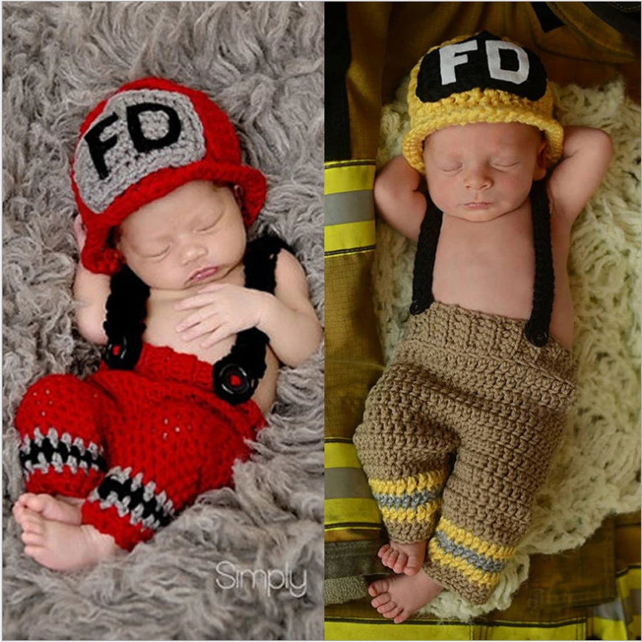Bebe Pompiers Costume Pour Garcons Et Filles Crochet Accessoires Pour Une Seance Photo Tricote Nouveau Nes De Bande Dessinee Caracteres Porte Aliexpress