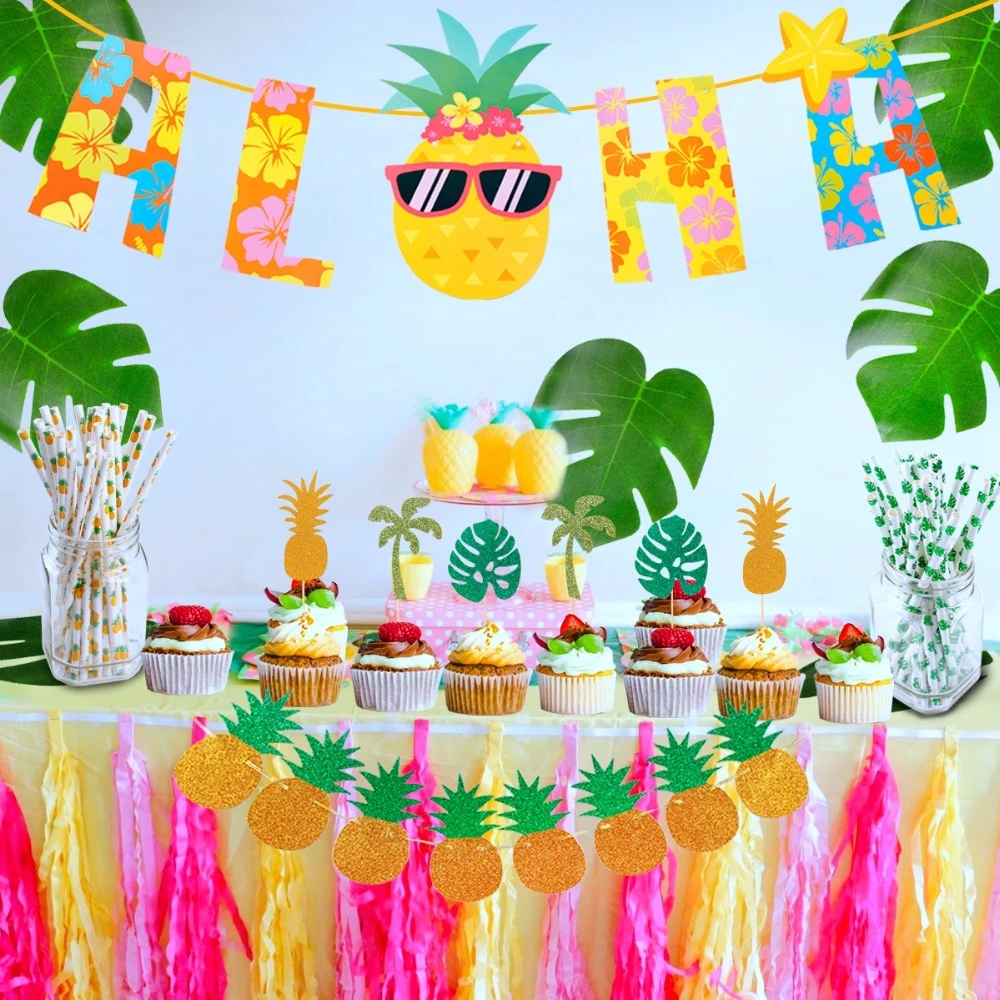 FENGRISE Pineapple Aloha Banner Hawaiian Party Decoration Disposable Straw Cake Topper Tropical Plants Summer Party Supplies|Party DIY Decorations| AliExpress