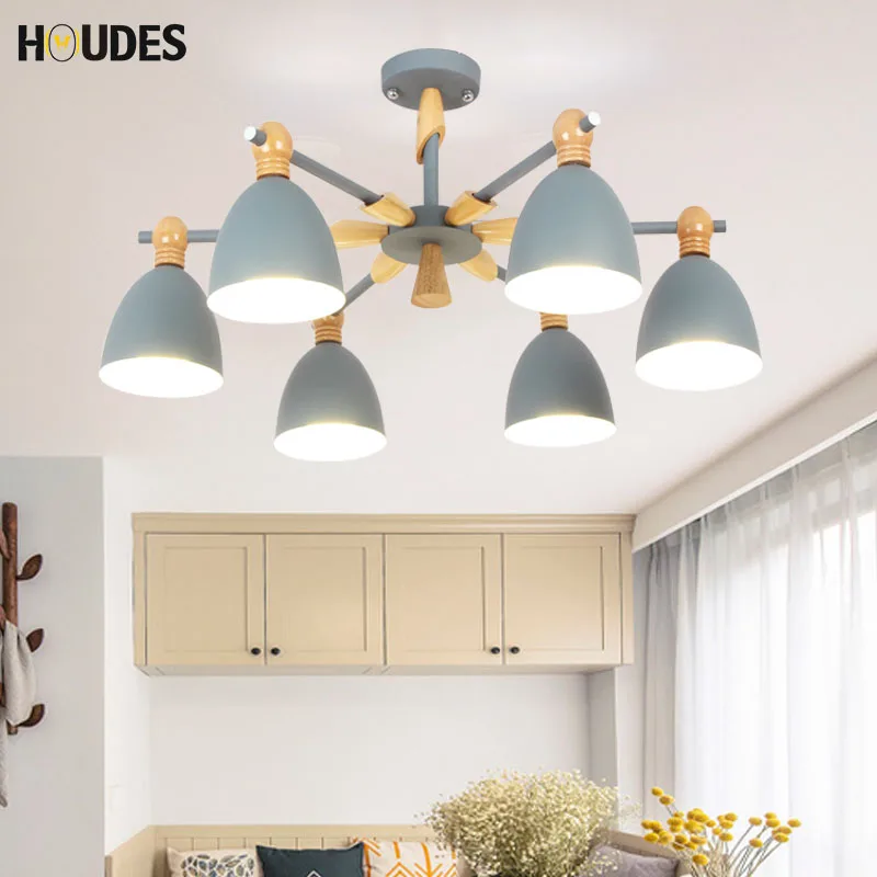

Modern Nordic LED chandelier living room wooden luster with iron shade E27 chandelier adjustable kitchen restaurant lighting