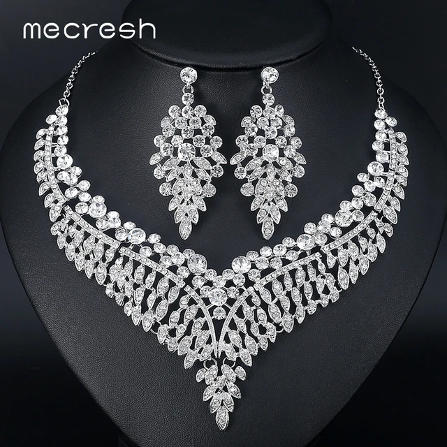 Mecresh Leaf African Bridal Jewelry Sets for Women Big Clear Crystal Statement N Mecresh Leaf African Bridal Jewelry Sets for Women Big Clear Crystal Statement N