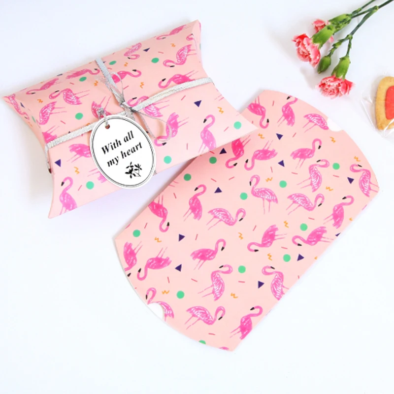 25pcs Summer Holiday Flamingo Pillow Shape Candy Box Valentine's Gift