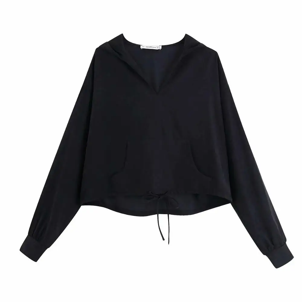 

Women fashion solid color casual black hooded sweatershirts ladies front pocket hem bow tied hoodies brand chic tops H050
