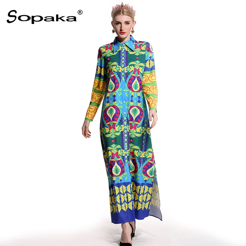 2018 Autumn Full Sleeve Blue Yellow Patchwork Floral Print Colorful Boho Long Shirt Dresses Runway Design Maxi Women Dress XXXL