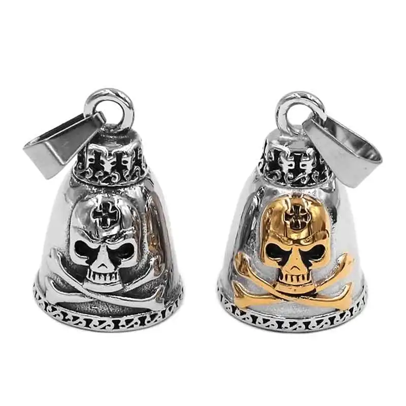 

Cross Skull Biker Bell Pendant Stainless Steel Heavy Silver Gold Skull Bones Men Pendant SWP0509 (Has steel ball, no bell sound)