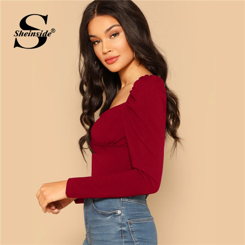  Sheinside Elegant Blouses Women Zip Back Puff Sleeve Form Fitted Wrap Sweetheart Top Female Long Sl