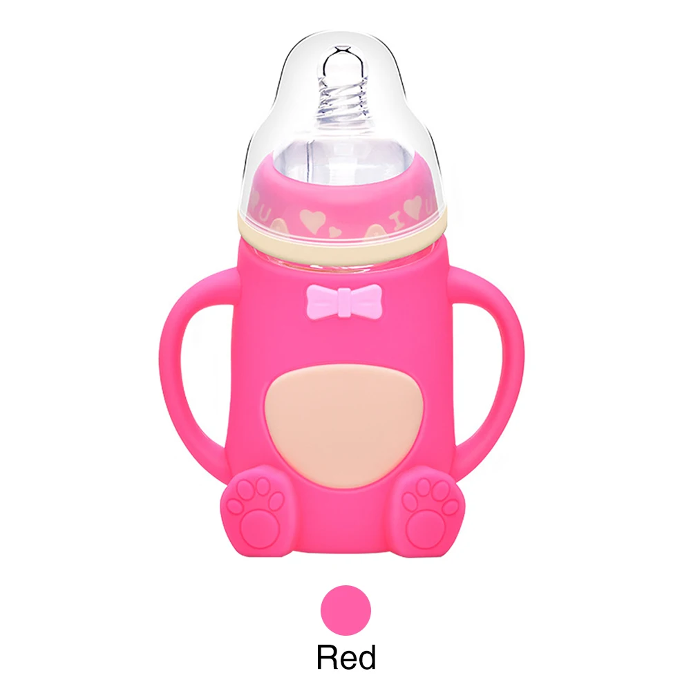 Анти-flatulence детское молоко бутылочка для кормления 240 мл Младенческая силиконовая бутылочка для кормления анти-осень широкий калибр стеклянные бутылки с ручкой - Цвет: Pink Red(Oval)