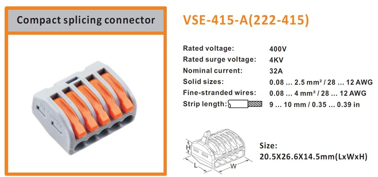 VSELE 40 шт./лот VSE-412 413 415 провод разъема Тип штепсельной вилки весенний зажимной мини 222-412 413 415 компактный соединитель клеммный блок