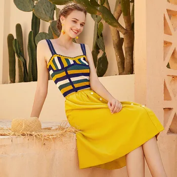 

2019 New Summer Fashion Women's Sets Elegant Color Block Knitted Tops + Single Breasted A-line Skirts Casual Students Suits