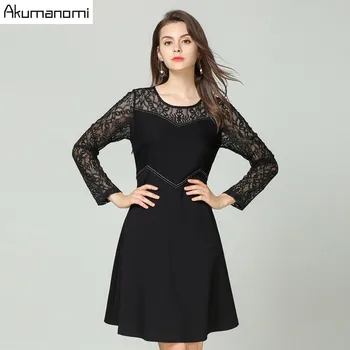 

Autumn Lace Patchwork Dress Women Clothing Black O-neck Full Sleeve A-line Office Lady Spring Dress Plus Size 5xl 4xl 3xl 2xl-M