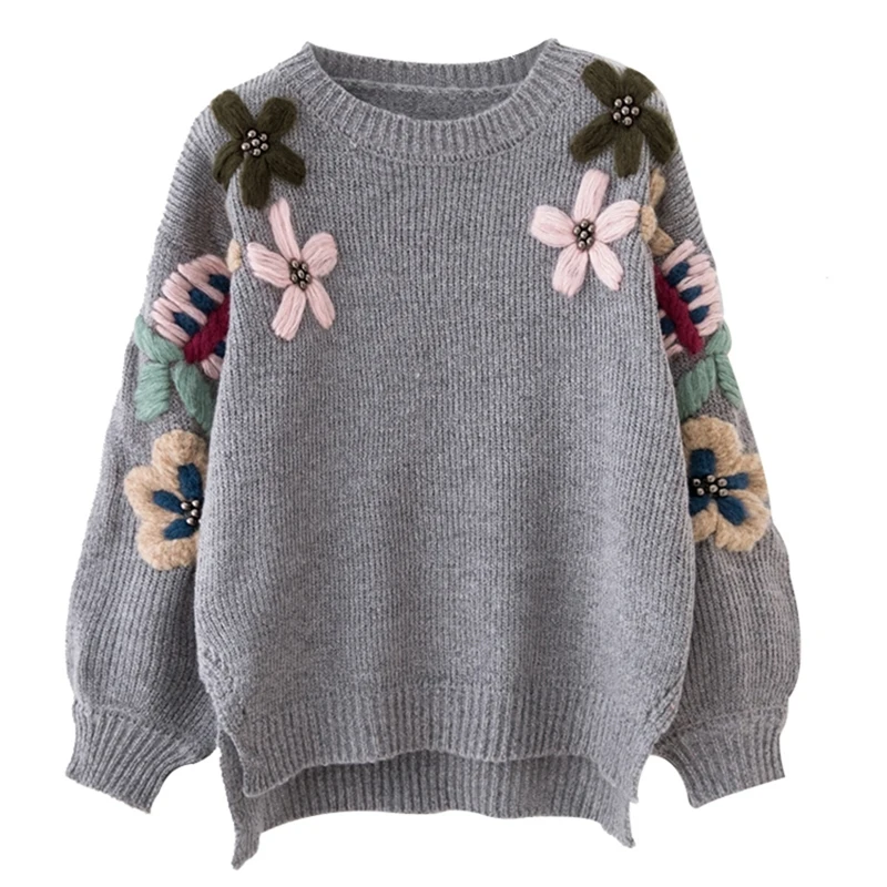 Винтажный свитер в стиле бохо для женщин, пуловеры с цветочной вышивкой, ручная вышивка бисером, свитер с длинным рукавом, зимний теплый повседневный женский джемпер