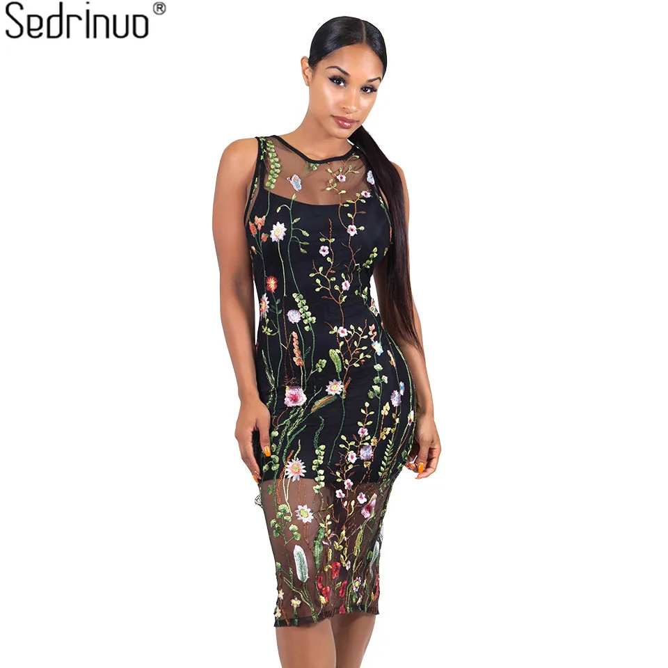 Sedrinuo Mode Maille Fleur Broderie Noir Plage Robe Ronde