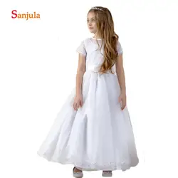 Белая шифоновая Платье в цветочек для девочек трапециевидной формы с коротким рукавом аппликации кружевное платье для детей с бантом