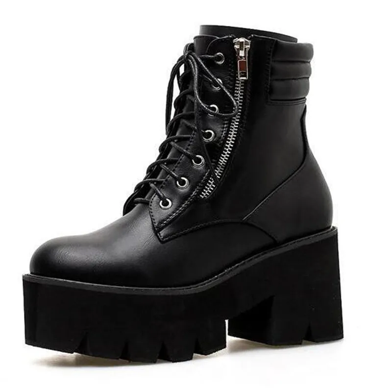 

Wholesale Autumn Ankle Boots For Women Motorcycle Boots Chunky Heels Casual Lacing Round Toe Platform Boots Shoes Female