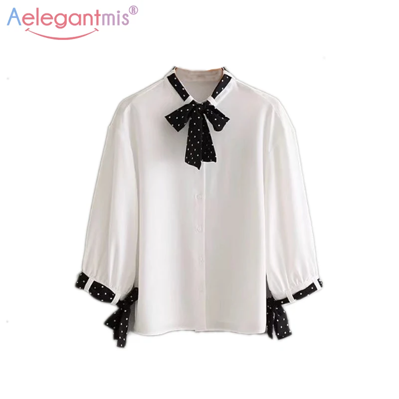 Aelegantmis Hot Sale Cute Bow White Shirts Women Casual O Neck 3/4 ...