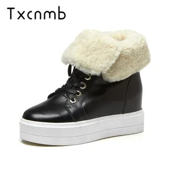 

TXCNMB 2020 Genuine Leather Women Snow Boots Winter Warm Women Ankle Boots Lace-up Platform Femal Shoes Black Beige
