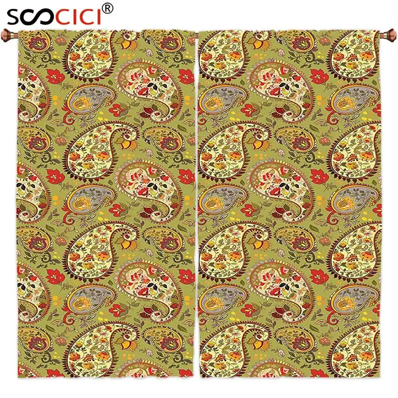 

Window Curtains Treatments 2 Panels,Paisley Decor Eastern Oriental Persian Textile Pattern ,Home Decor Window Drapes 2 Panel Set