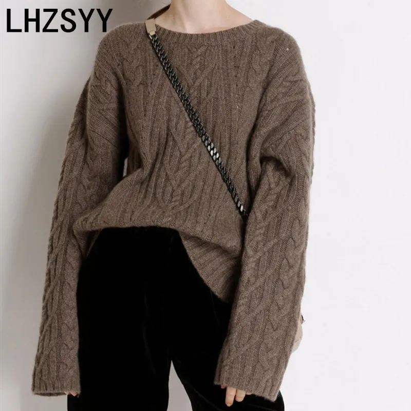 

LHZSYY Cashmere sweater Autumn Winter New Women's Round neck Solid color Sweater Loose Large size Wool Knit Pullover Warm Blouse