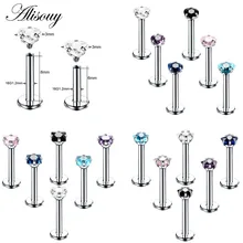 Alisouy 1 шт. хирургическая сталь плоский CZ драгоценный камень уха хряща трагус Спираль пирсинг Лабрет губы кольцо внутренняя нить 16 г ювелирные изделия для тела