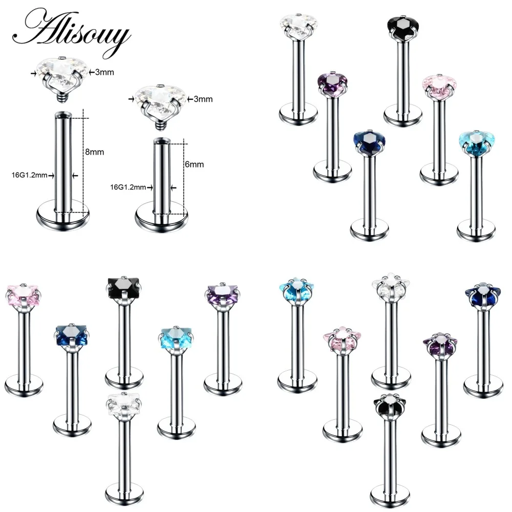 

Alisouy 1pcs Surgical Steel Flat CZ Gem Ear Cartilage Tragus Helix Piercing Labret Lip Ring Internally Thread 16g Body Jewelry