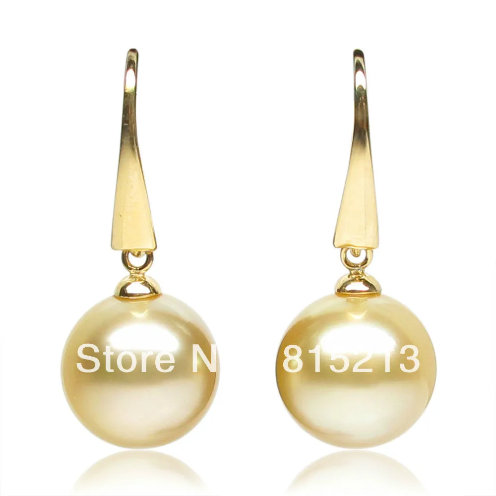 

wb00170 LUXURY!ROUND GOLDEN!12.35MM NATURAL SOUTH SEA PEARL, GOLD EARRINGS!