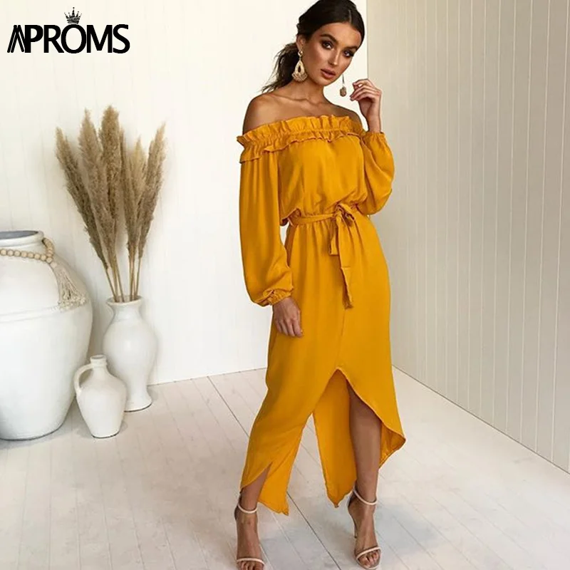

Aproms Elastic Ruffle Off Shoulder Long Maxi Dress Women Long Sleeve Bow Tie Dress Casual Streetwear Back Split Dresses Vestidos
