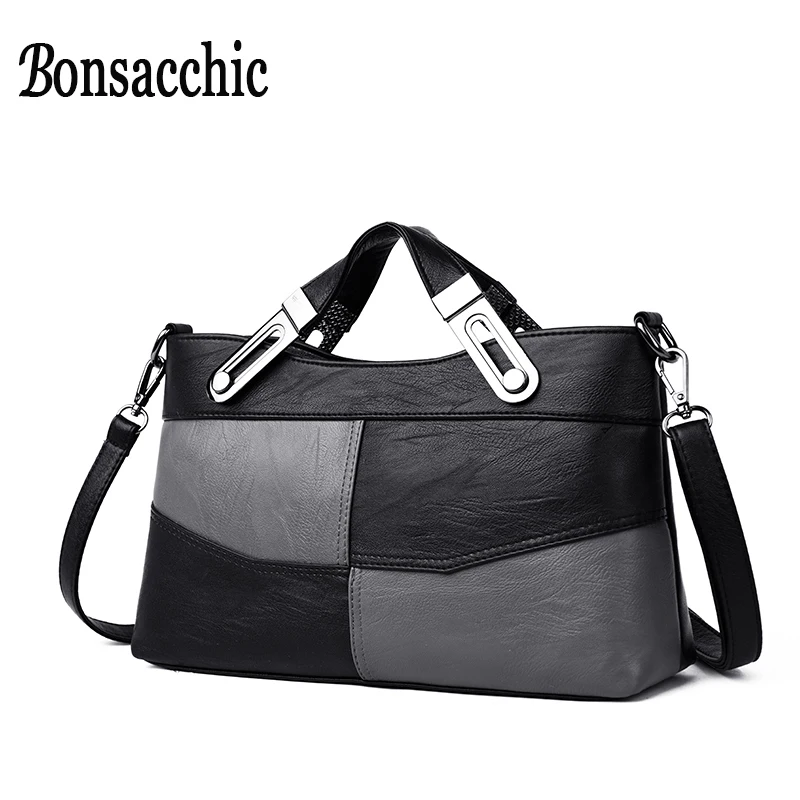 

Black Leather Women Satchel Handbag Famous Designer Ladies Patchwork Handbags Big Female Tote Bags for Women 2019 Borse da Donna