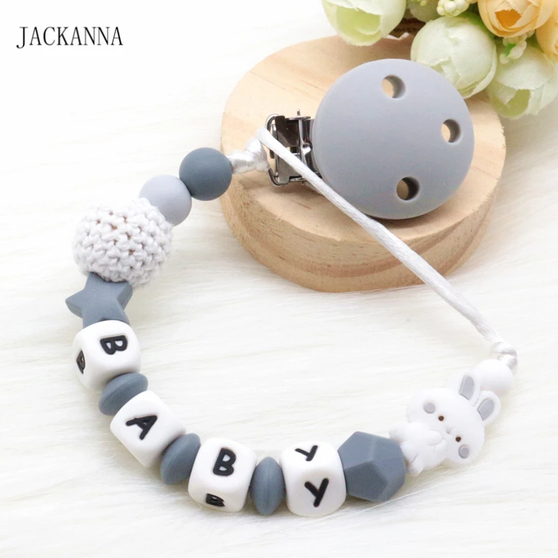 

Personalized Name Baby Pacifier Clips DIY Rabbit Bead Soother Clip BPA Free Attache Sucette Silicone Baby Pacifier Holder Chain