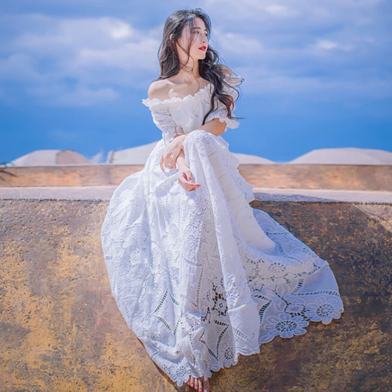 

White Lace Dress Slash Neck Hollow Flower Princess Nightdress Retro Elegant Woman Long Nightgowns Summer Short Sleeve QZ956