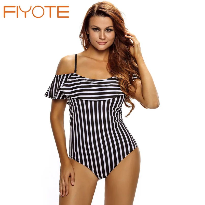 

FIYOTE New Female 2017 Sexy Black White Stripes Frill One-piece Swimwear LC410018 Vintage Retro Large Size Swimsuits XXXL
