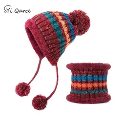 SYi Qarce 2 Pcs/set Women Winter Warm Thick Knitted Hat with Scarf Set for Girl's Female Outdoor Scarves Ring with Cap NT089-93 SYi Qarce 2 Pcs/set Women Winter Warm Thick Knitted Hat with Scarf Set for Girl's Female Outdoor Scarves Ring with Cap NT089-93
