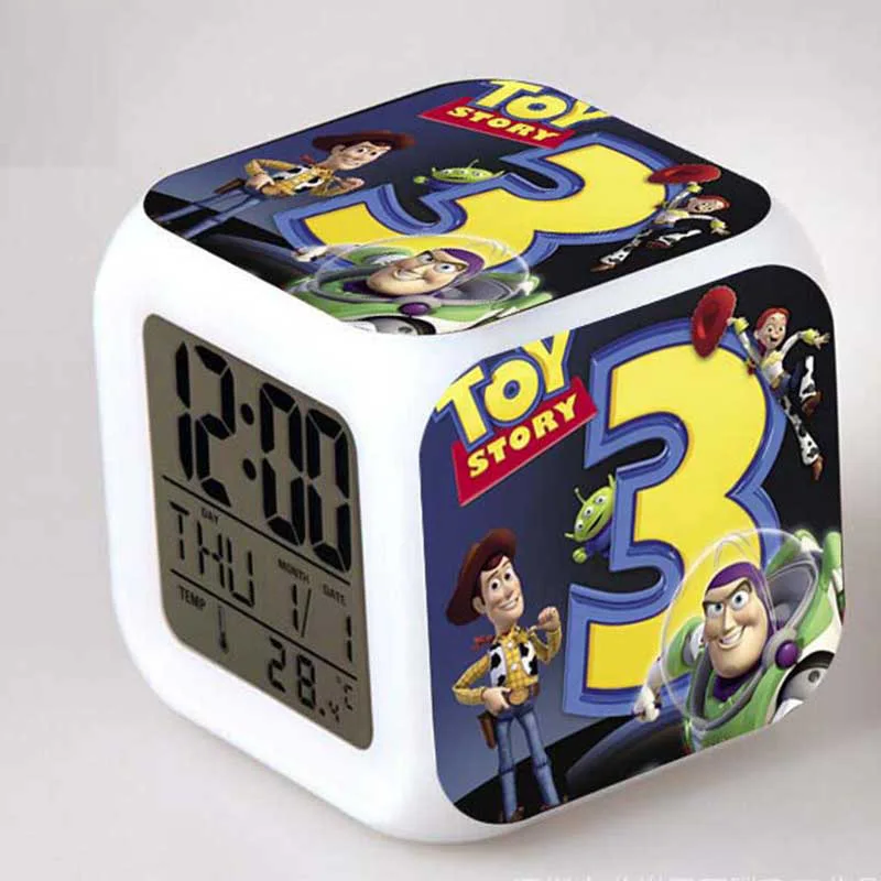 

Anime Figure Toy Story 3 Buzz Lightyear and Woody Doll LED Alarm Clock Color Touch light Movie Figurines Toys for Boys gift