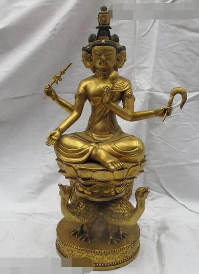 

006398 Tibet 100% Pure Bronze 24K Gold 4 Arm 4 Face kwan yin Ride Swan Duck Statue