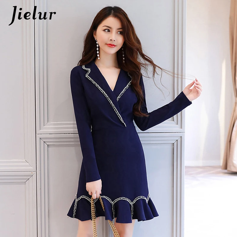 Jielur Autumn Winter Notched Formal Dress Women Elegant S-XL Novelty Korean Style Sexy Dresses Navy Blue Robe Femme Dropshipping Dresses
