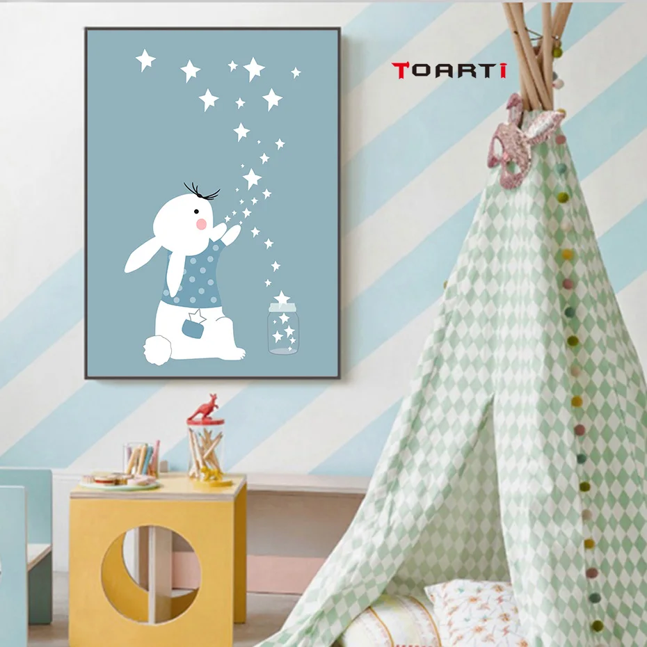 Cartoon Cute Rabbit Star Moon Canvas Art Painting (4)