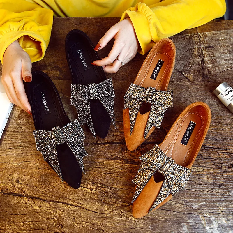 

Crystal bow-knot suede leather flats women creepers big size 34-41 shoes autumn single shoes sweet girls shallow flat moccasins