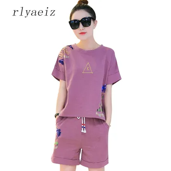 

Rlyaeiz Fashion New 2 Piece Set Women Linen Sequins Tshirts + Shorts Sets 2018 Summer Casual Loose Short Sleeve Women Tracksuit