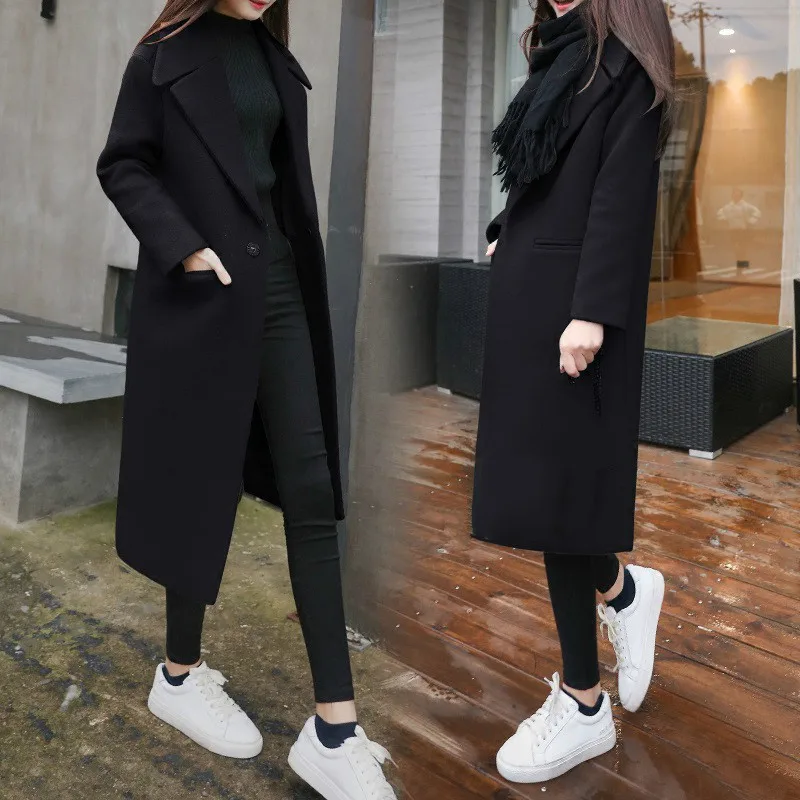 Women Black Winter Coat Thickening Loose Long Woolen Coat Girl Overcoat Female Outerwear Plus Size 2xl Windbreaker Hot Sale