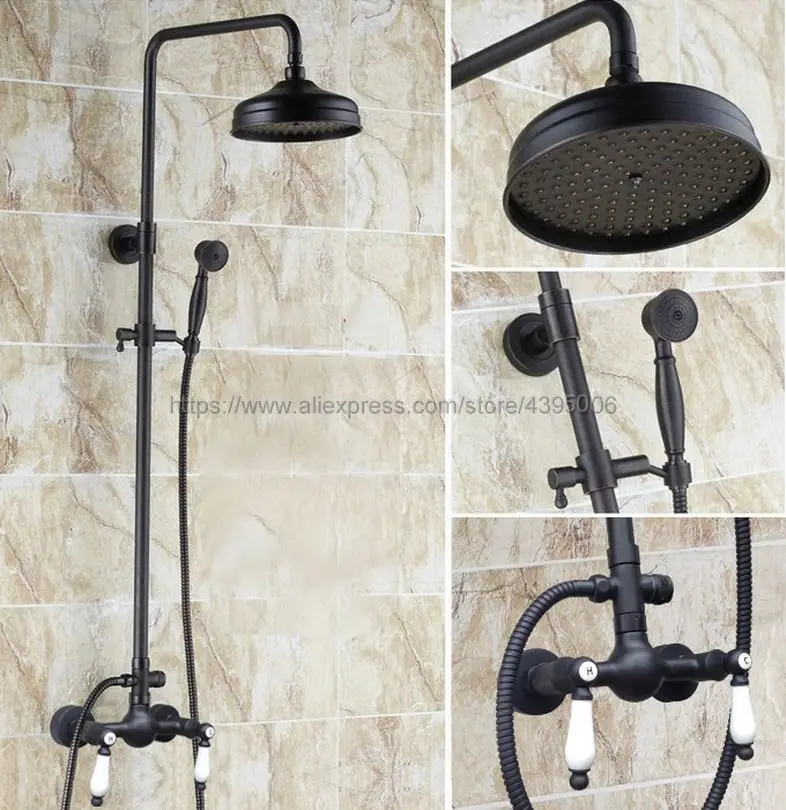 

Oil Rubbed Bronze Bathroom 8" Rainfall Shower Faucet Set Double Handle Bath Shower Mixer Taps Wall Mounted Brs477