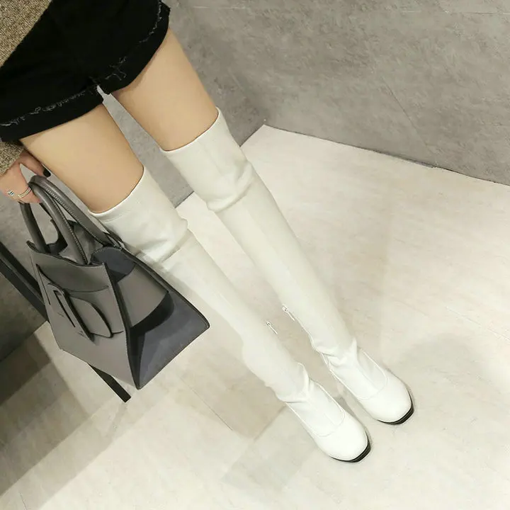 Женские Удобные Сапоги выше колена на низком каблуке с боковой молнией; модная теплая зимняя обувь с квадратным носком; цвет белый, черный; большие размеры 43;